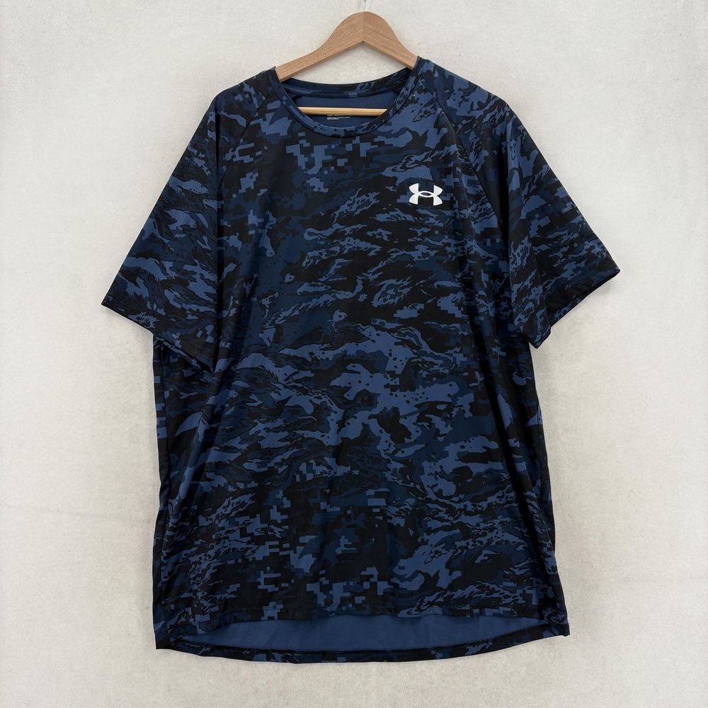 Under Armour UA Tech 2.0 Camo Symbol Tee Mens 2XL Blue Moisture Wicking Athletic